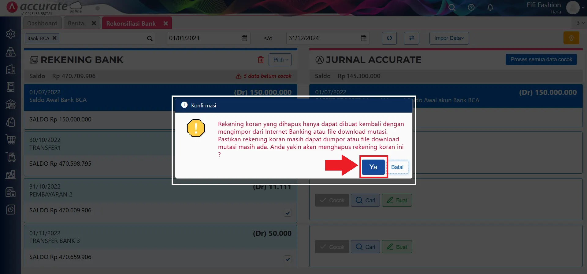 menghapus mutasi bank secara massal